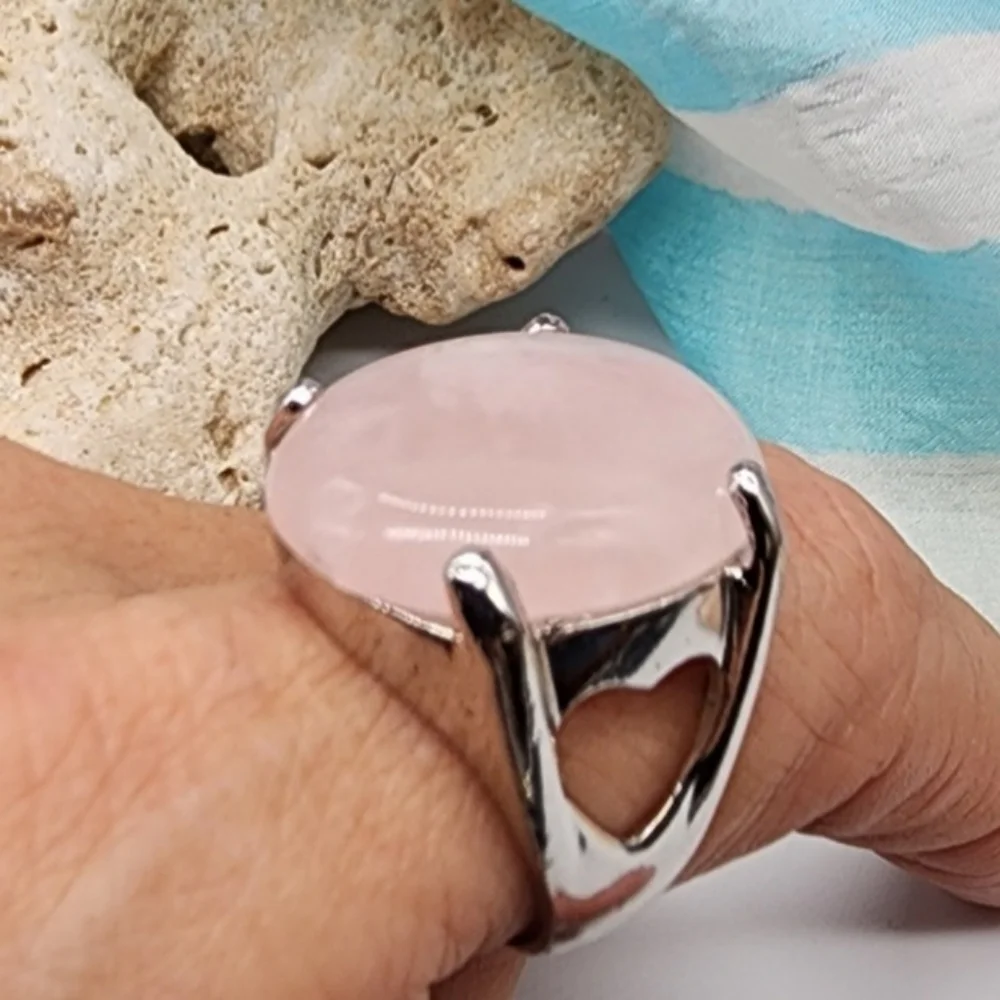 Nature Rose Quartz Silver Ring Healing Genuine Love Protective Crystal